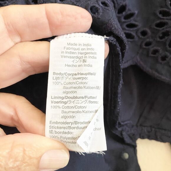 J CREW Women's Navy Eyelet Funnel Neck Long Sleeve Scallop Edge Blouse sz 00 - Picture 8 of 9